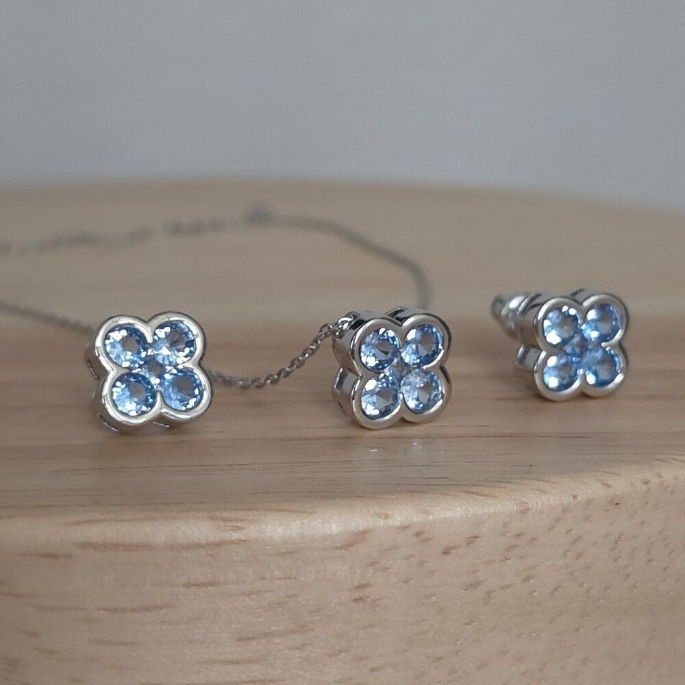 Blue Crystal Clover Necklace & Stud Earrings Set Stainless Steel NWOT